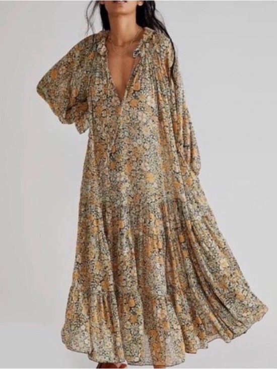Free People Dresses & Skirts - Free People Floral Long Sleeve Maxi Dress in Mustard and Sage